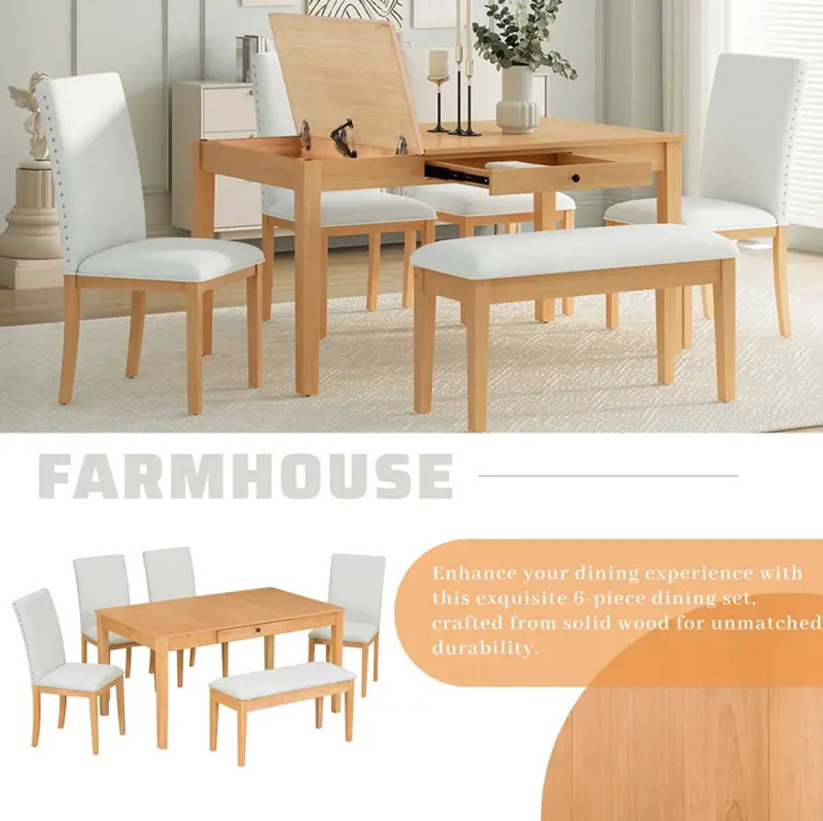 Merax Farmhouse 6-Piece Dining Table Set with Storage Bins