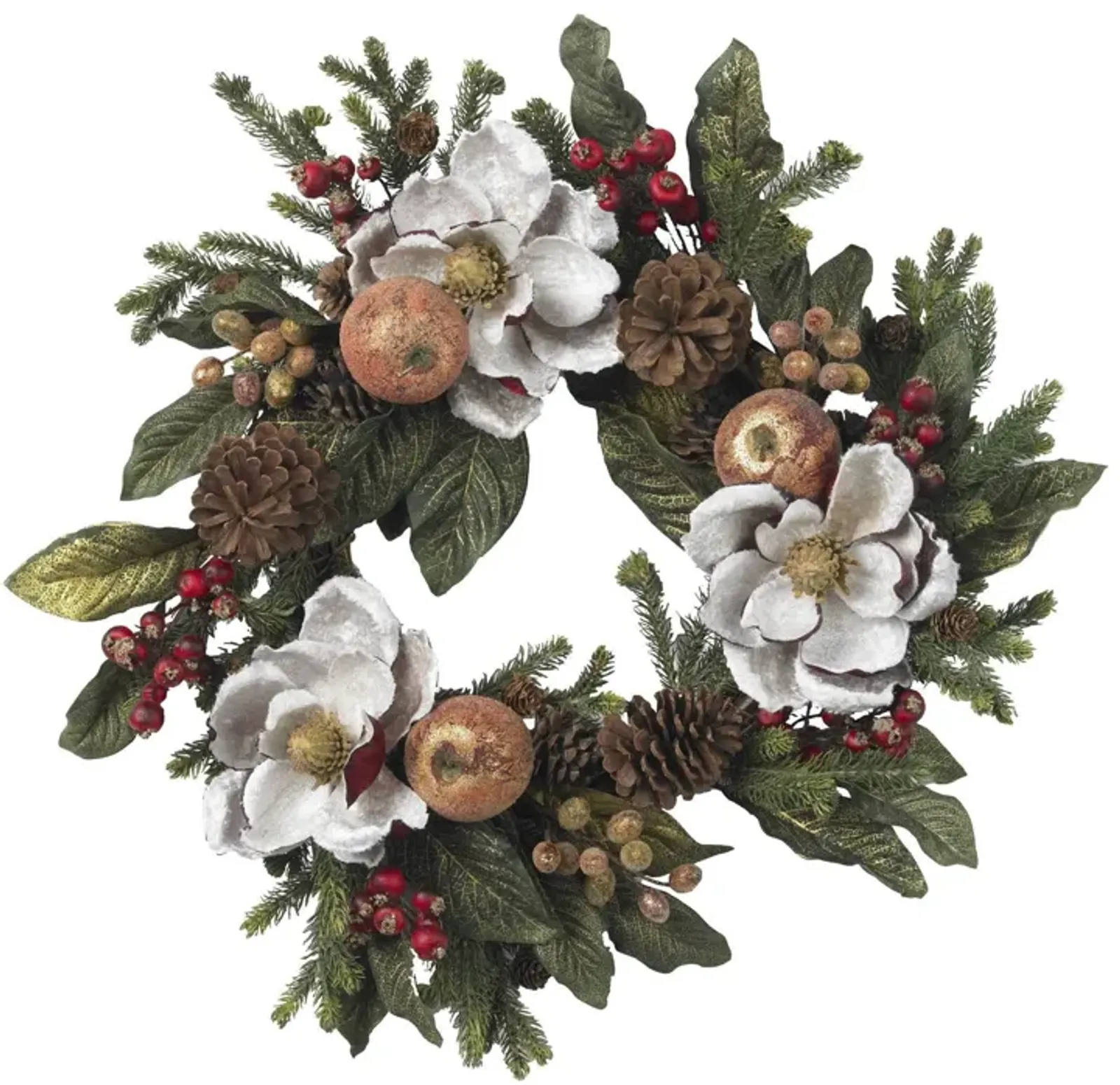 Nearly Natural 24-in Magnolia Pinecone & Berry Wreath