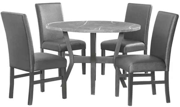 Skylar 5 Piece Dining Table Set, Wood, 4 Chairs, Glitter Gray Faux Leather - Benzara