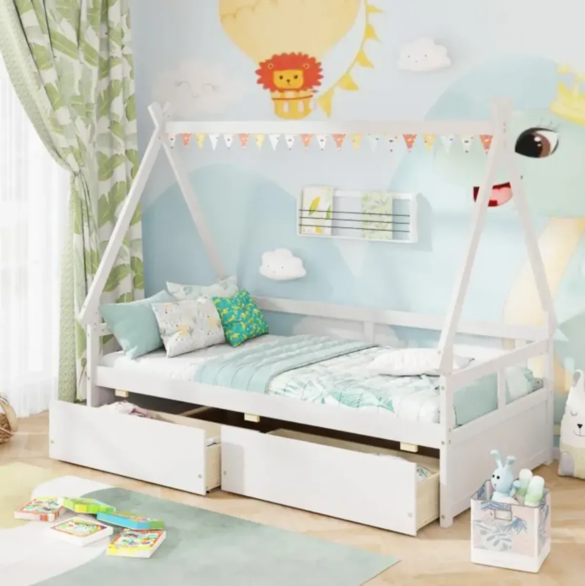 Hivvago Twin Size House Bed with Roof and Safety Guardrail