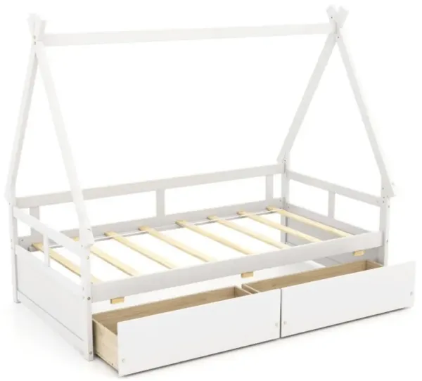Hivvago Twin Size House Bed with Roof and Safety Guardrail