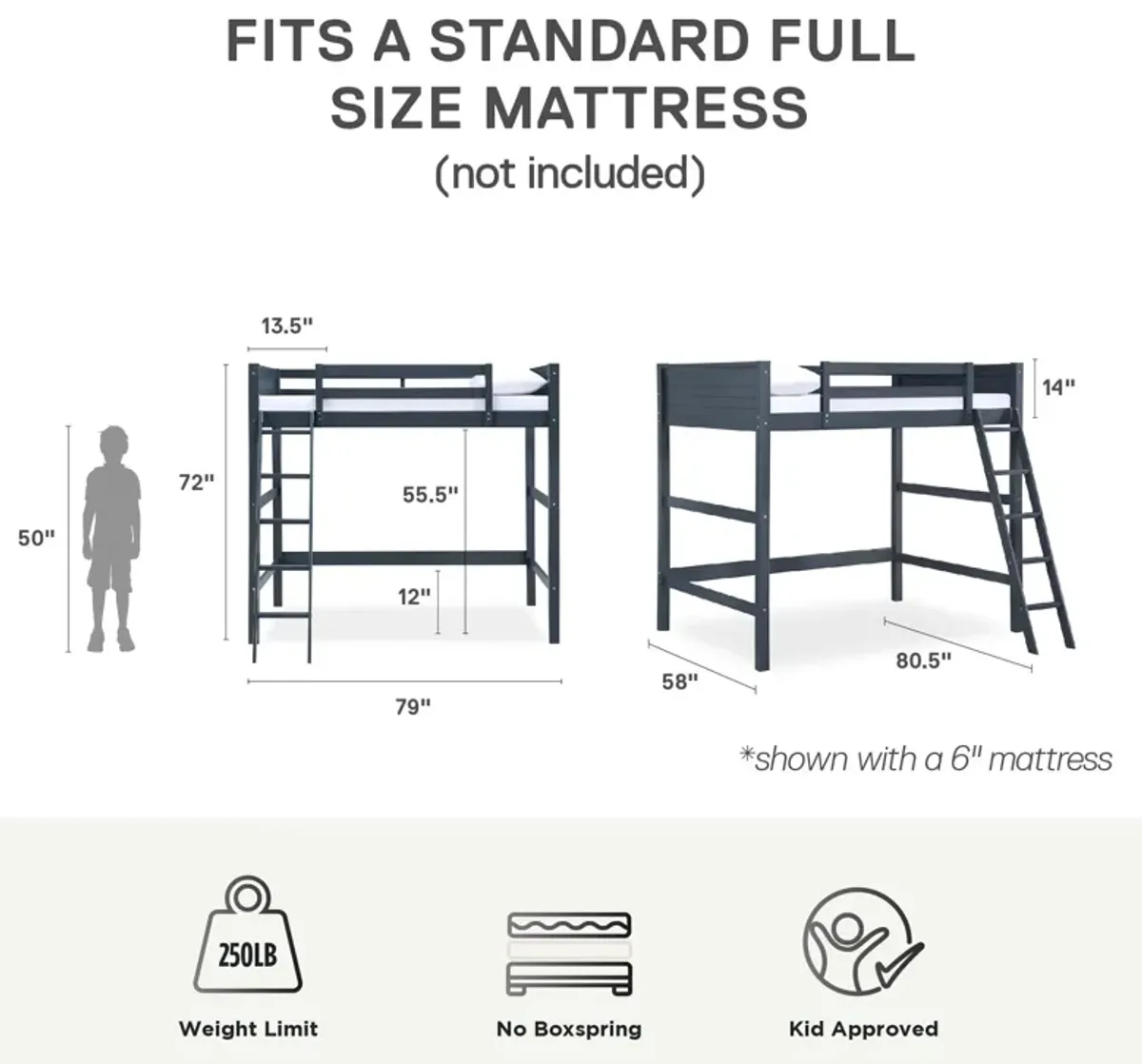 DHP Carlson Full Size Wooden Loft Bed with Ladder and Safety Railings