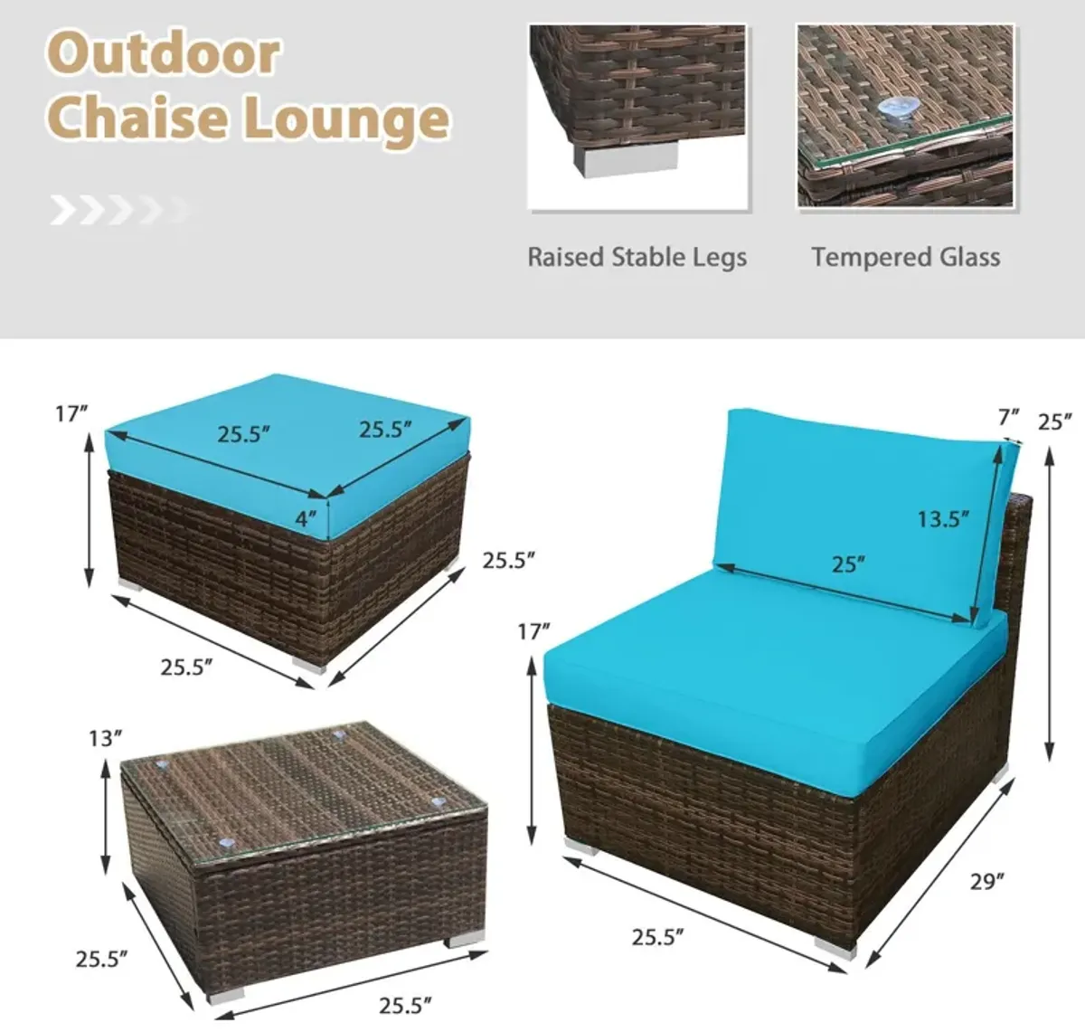 5 Pieces Patio Rattan Furniture Set with Cushioned Armless Sofa