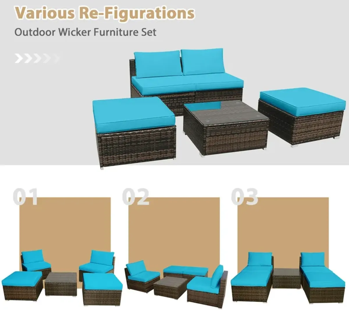 5 Pieces Patio Rattan Furniture Set with Cushioned Armless Sofa