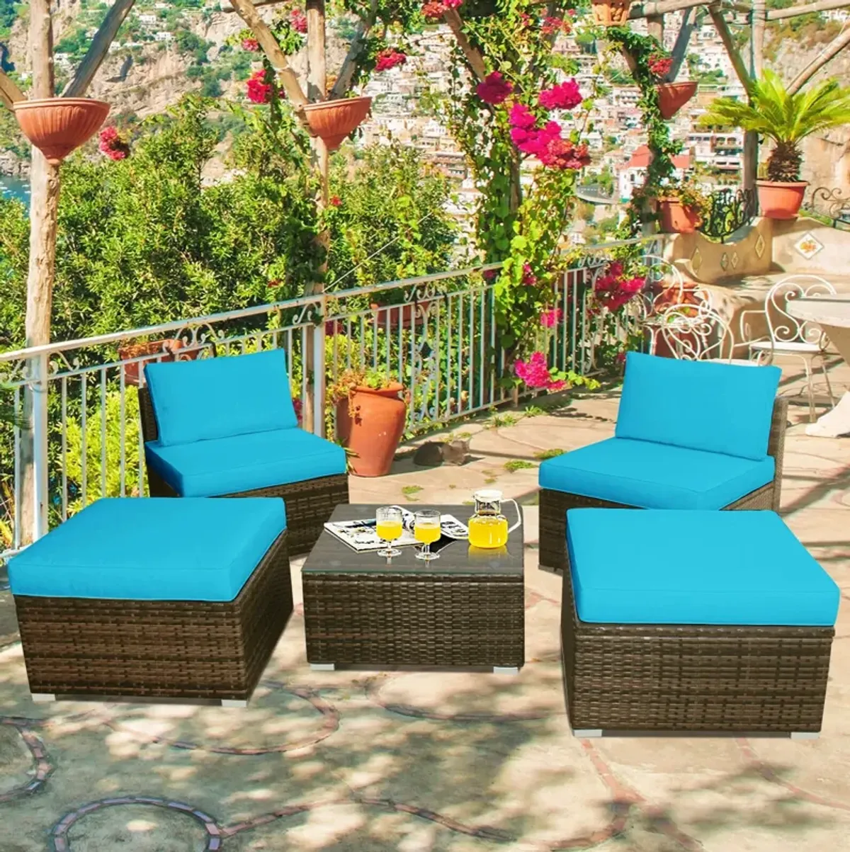 5 Pieces Patio Rattan Furniture Set with Cushioned Armless Sofa