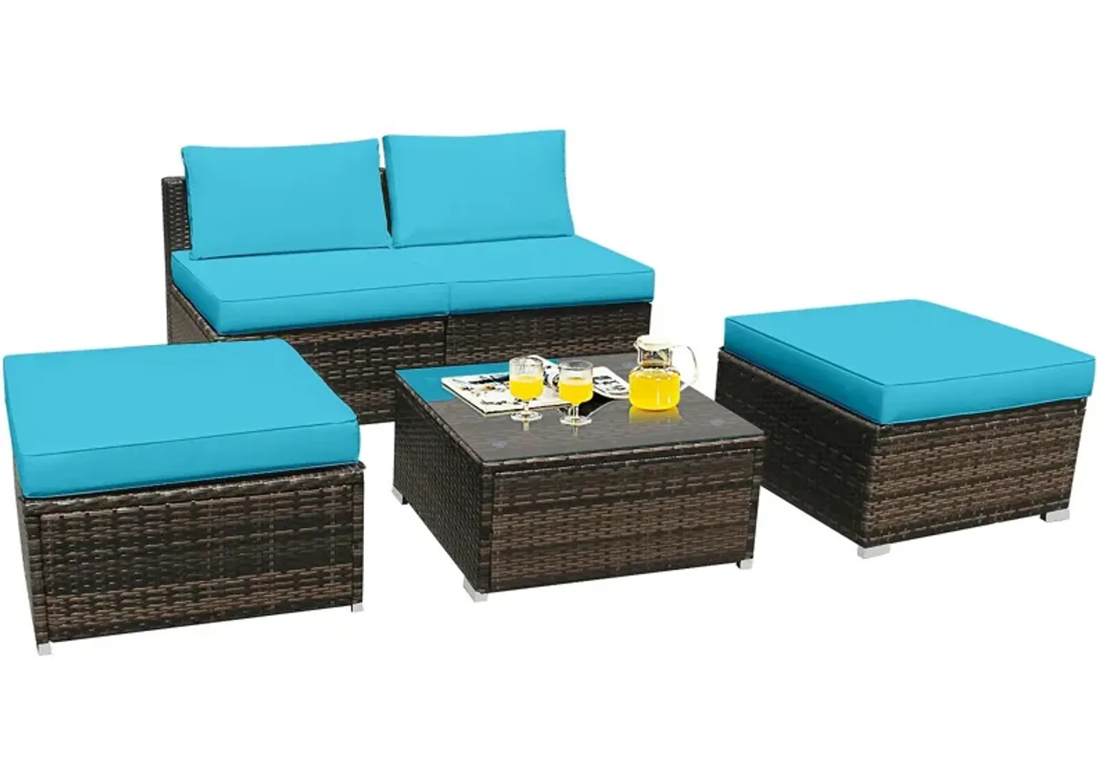 5 Pieces Patio Rattan Furniture Set with Cushioned Armless Sofa