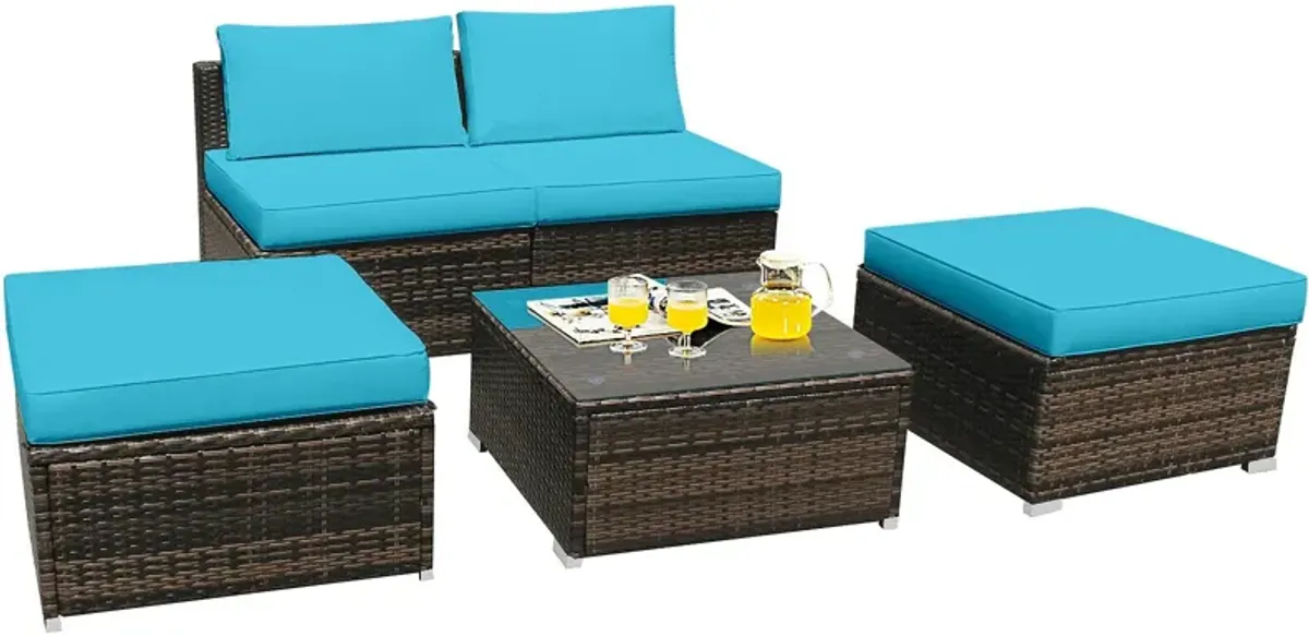 5 Pieces Patio Rattan Furniture Set with Cushioned Armless Sofa