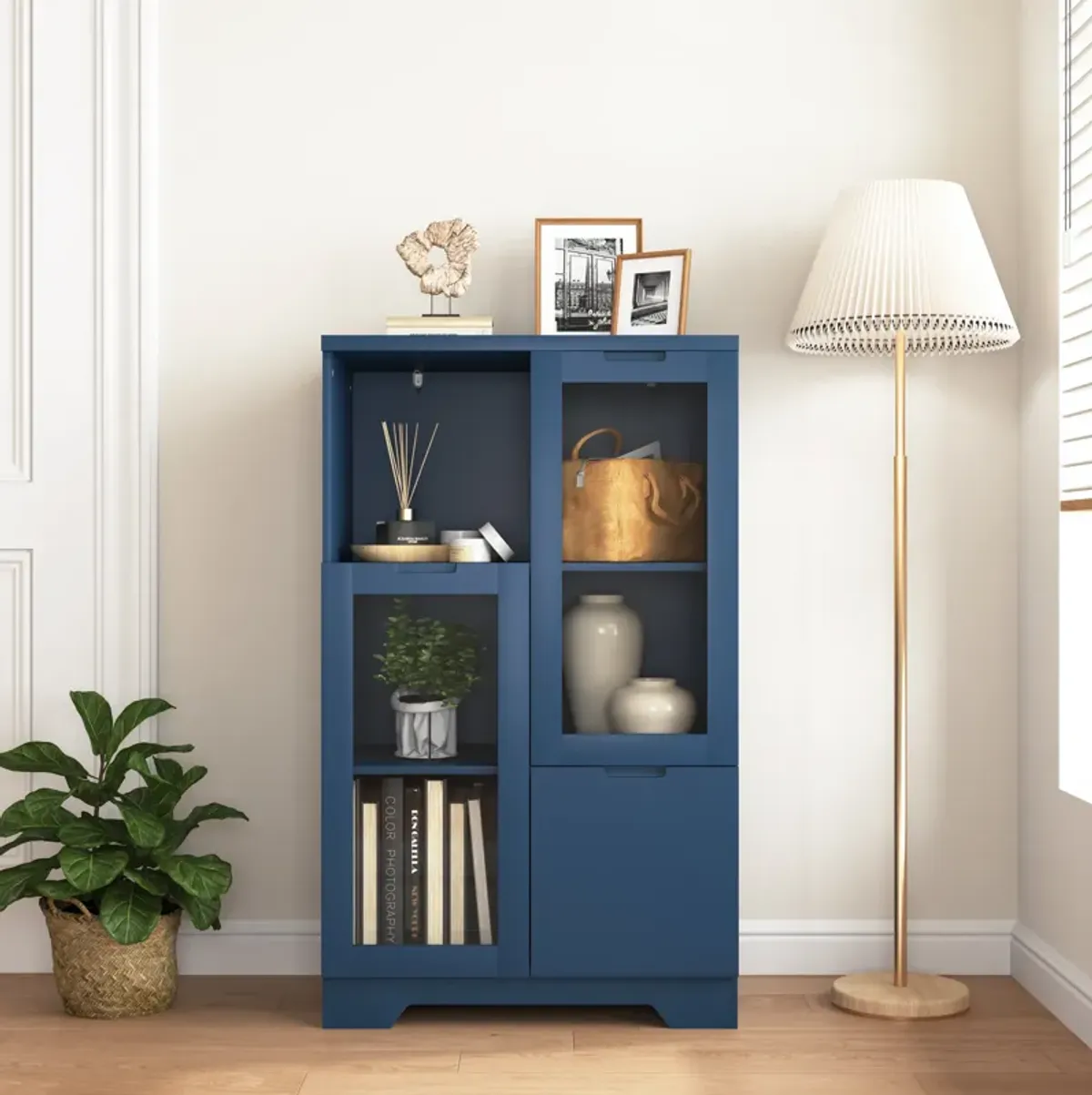 Wooden Floor Cabinet with 2 Glass Doors and 2 Storage Space, Living Room Bathroom Entryway