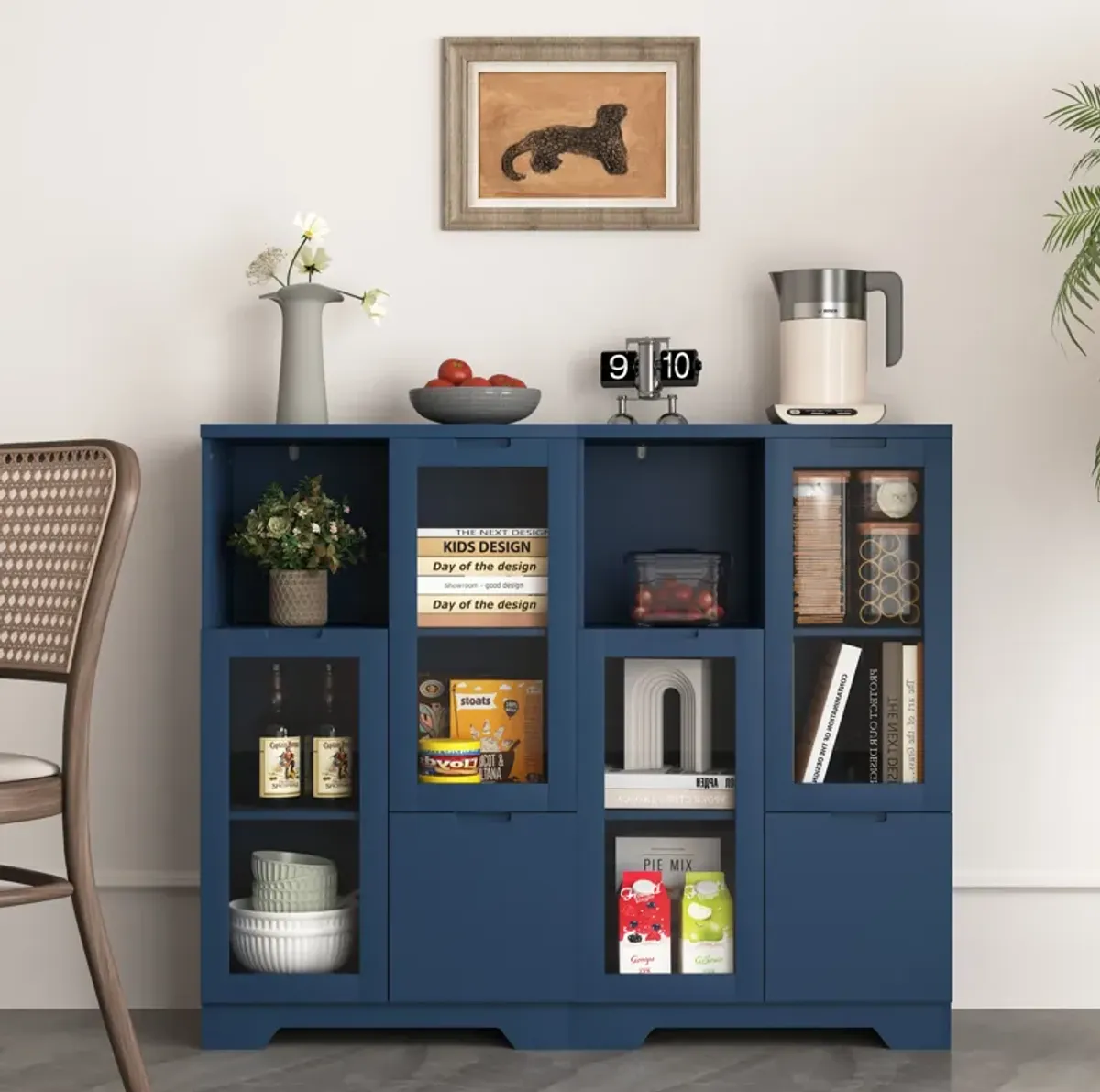 Wooden Floor Cabinet with 2 Glass Doors and 2 Storage Space, Living Room Bathroom Entryway