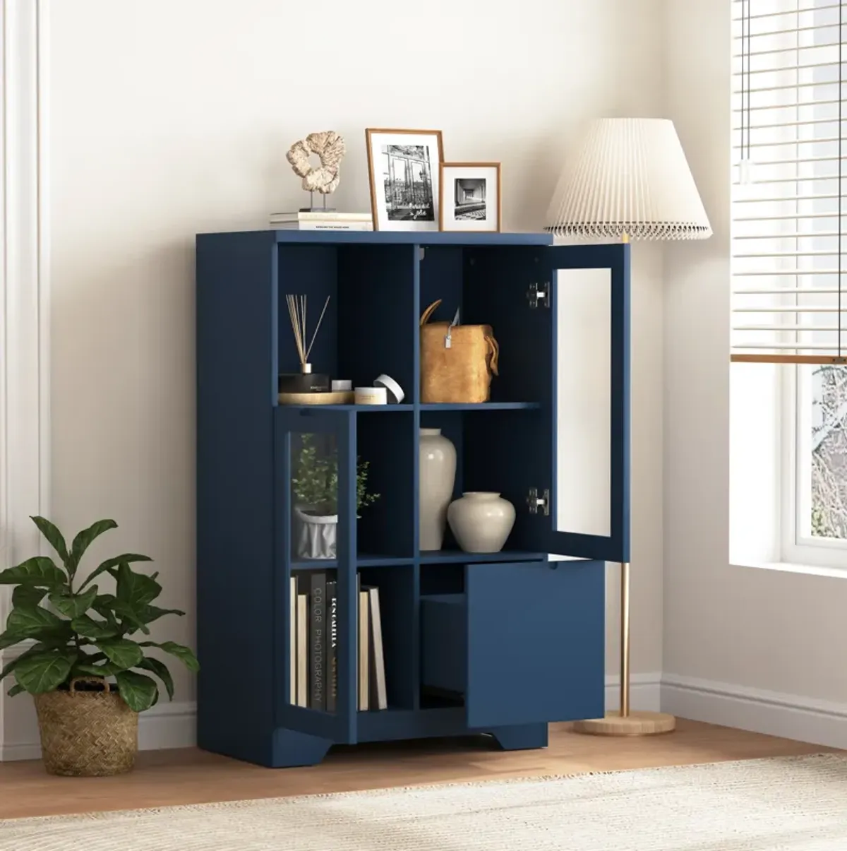 Wooden Floor Cabinet with 2 Glass Doors and 2 Storage Space, Living Room Bathroom Entryway