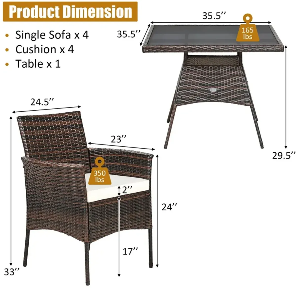 Outdoor 5 Pieces Dining Table Set with 1 Table and 4 Single Sofas