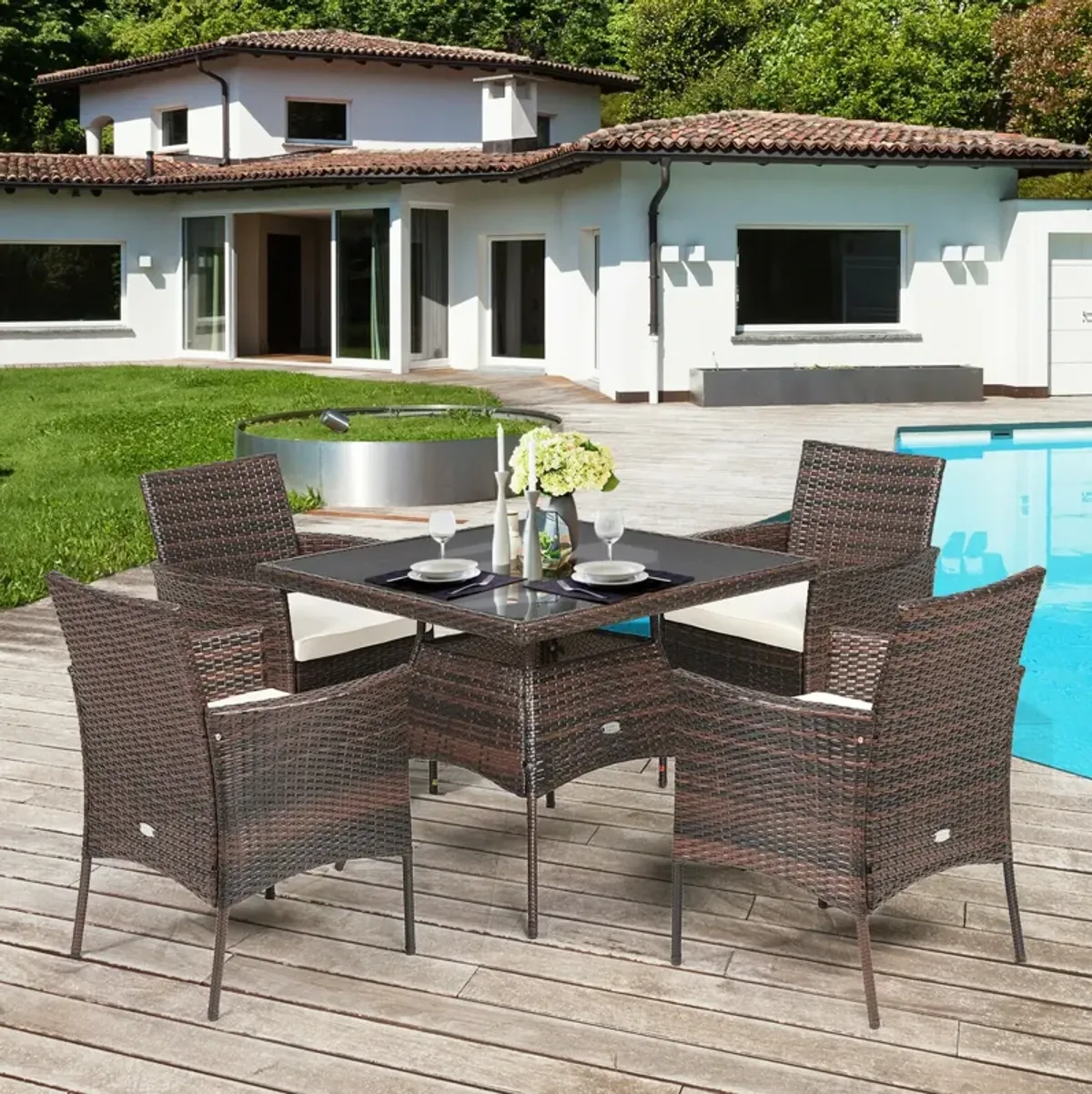 Outdoor 5 Pieces Dining Table Set with 1 Table and 4 Single Sofas