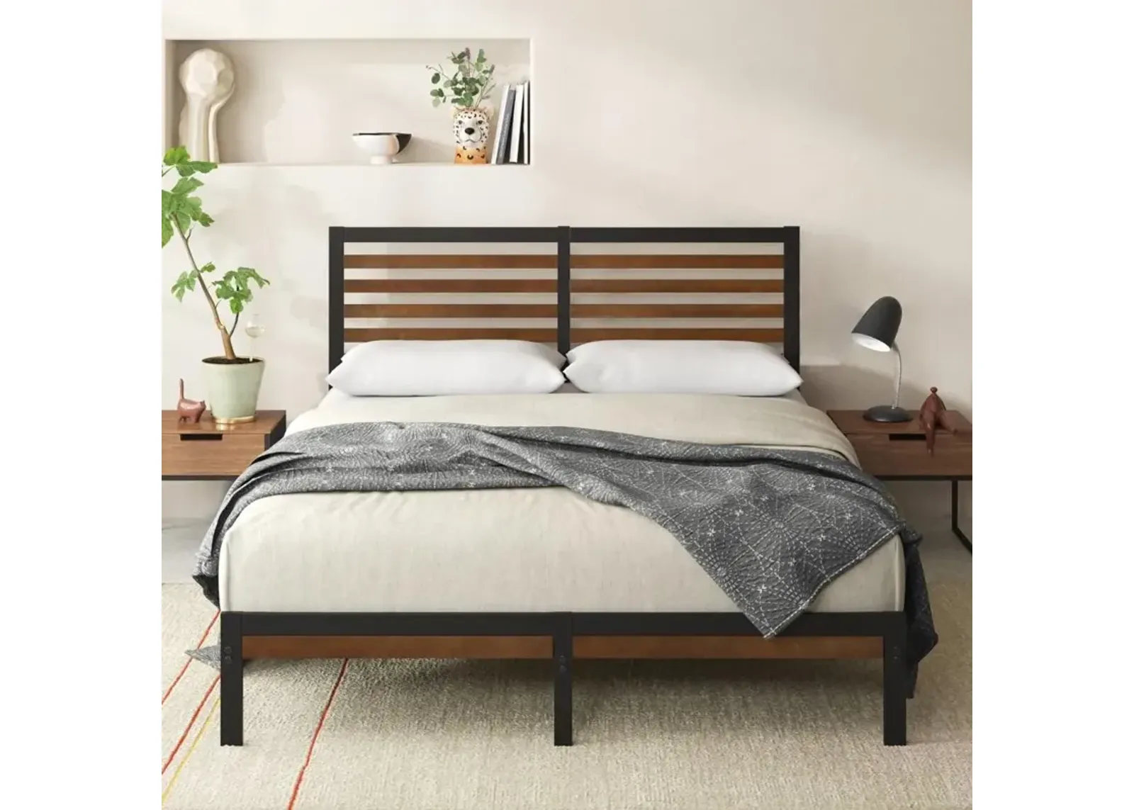 Metal Platform Bed Frame with Bamboo Wood Slat Headboard and Footboard