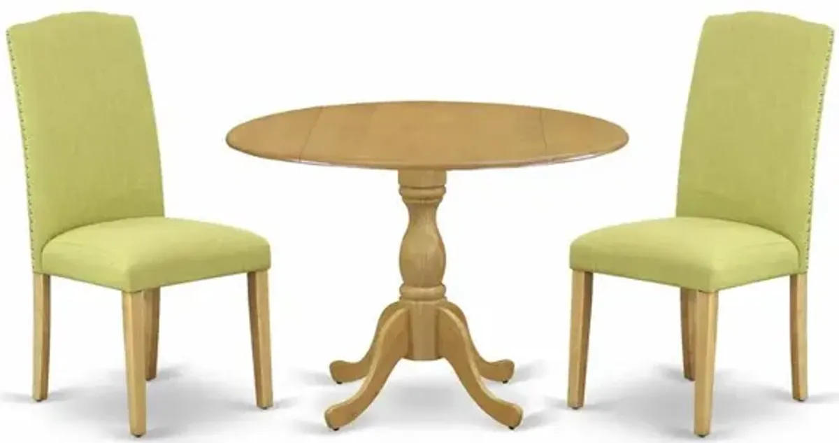 East West Furniture DMEN3-OAK-07 3 Piece Dining Room Set - Oak Small Dining Table and 2 Limelight Linen Fabric Dining Room Chairs with High Back - Oak Finish