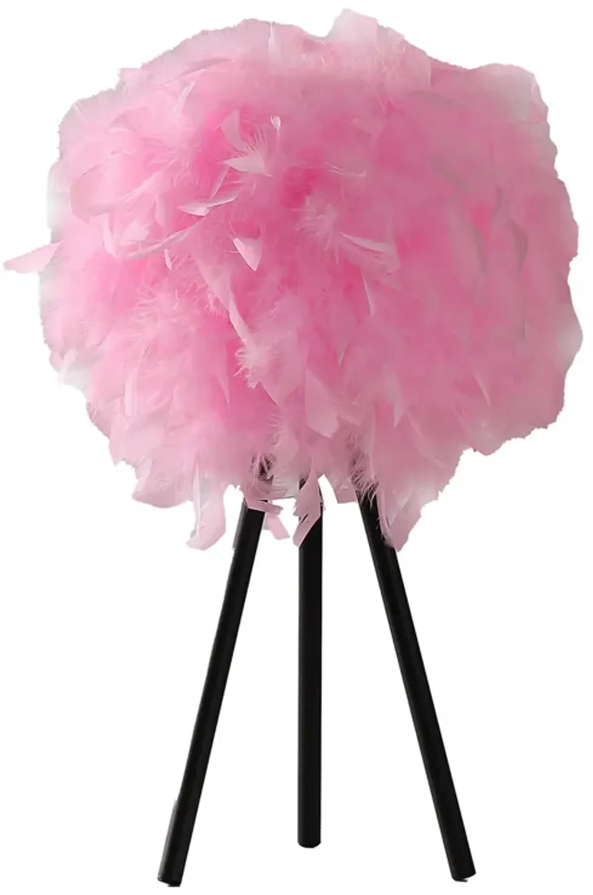 Rio 21 Inch Accent Table Lamp, Pink Feather Shade, Black Metal Tripod Base - Benzara