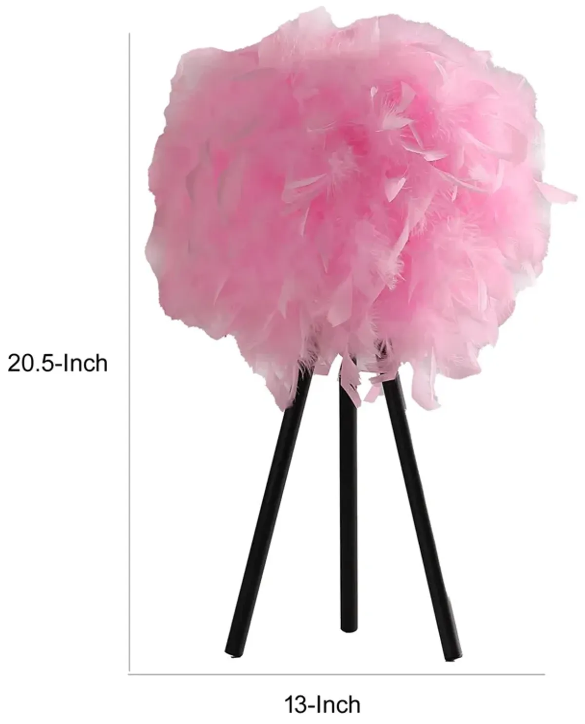 Rio 21 Inch Accent Table Lamp, Pink Feather Shade, Black Metal Tripod Base - Benzara