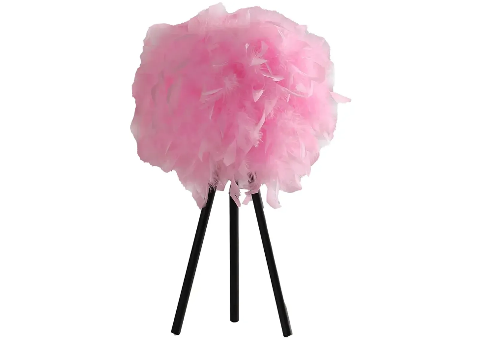 Rio 21 Inch Accent Table Lamp, Pink Feather Shade, Black Metal Tripod Base - Benzara