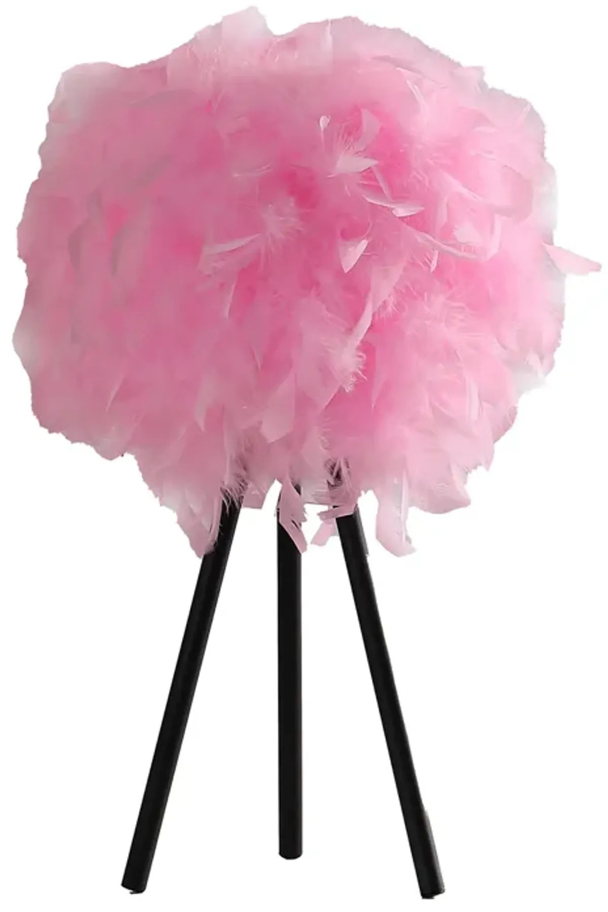 Rio 21 Inch Accent Table Lamp, Pink Feather Shade, Black Metal Tripod Base - Benzara