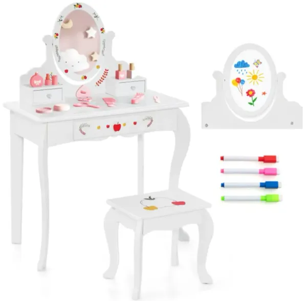 Hivvago Kids Vanity and Stool Set with 360Â° Rotatable Mirror and Whiteboard-White