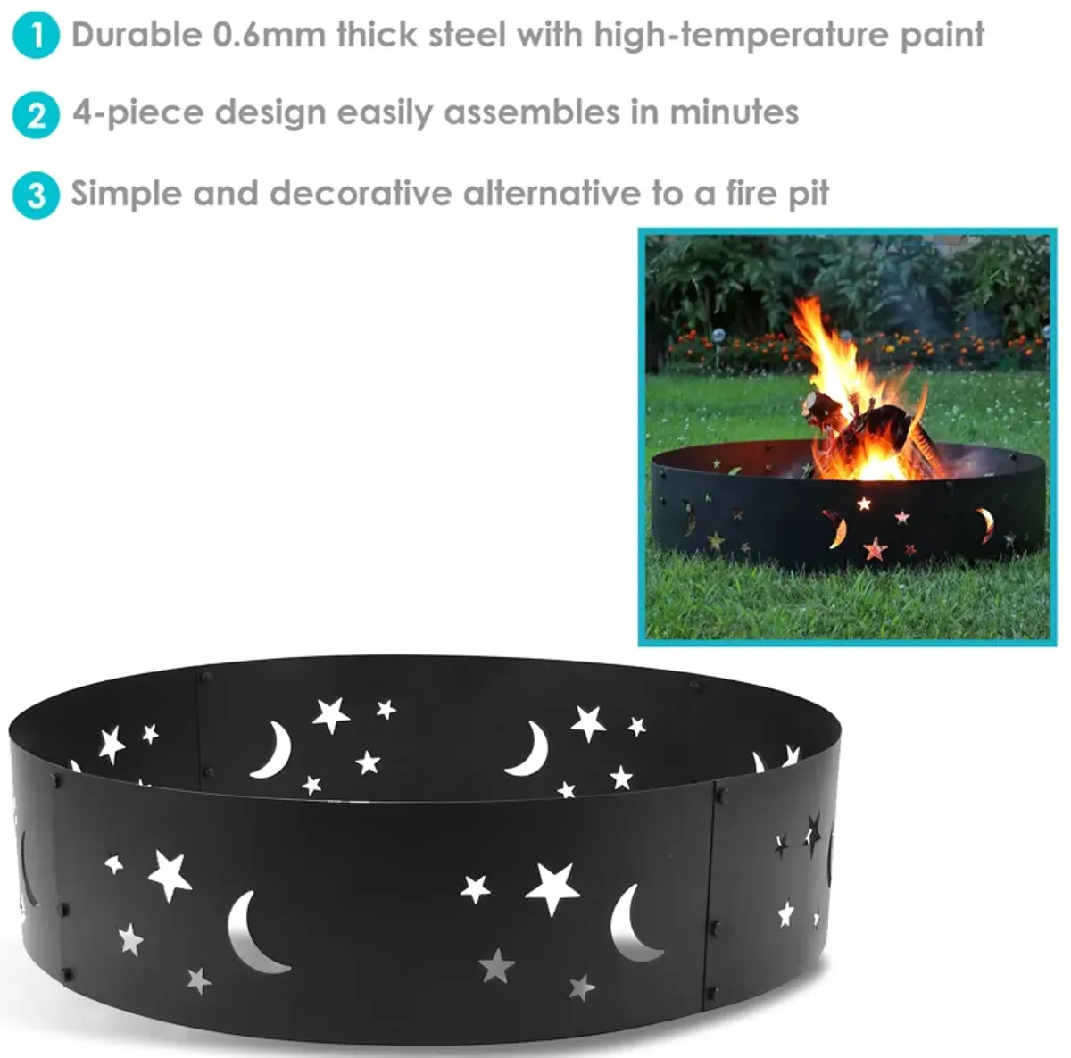 Sunnydaze 36 in Steel Die-Cut Stars and Moons Wood Burning Fire Pit Ring