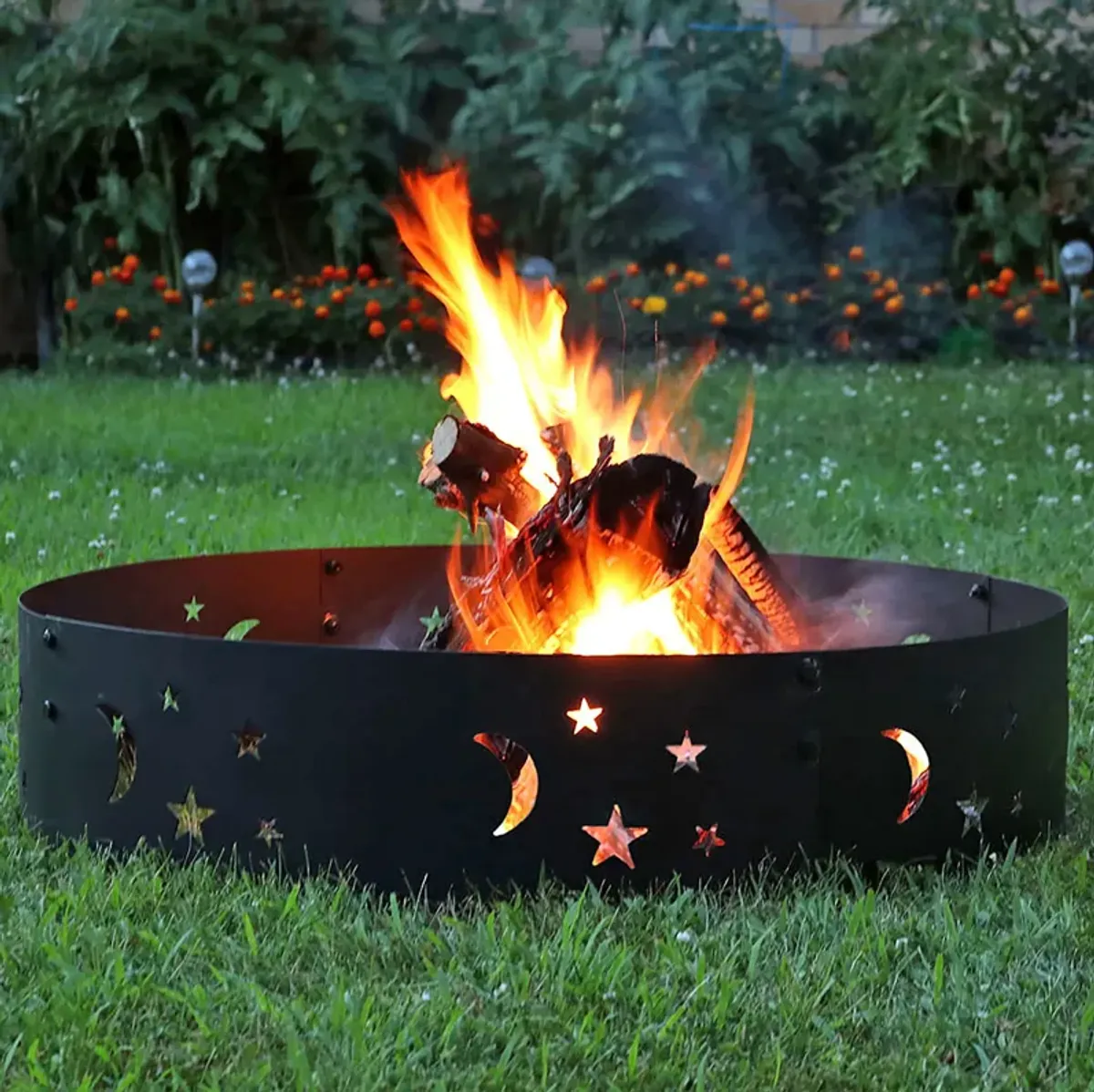 Sunnydaze 36 in Steel Die-Cut Stars and Moons Wood Burning Fire Pit Ring