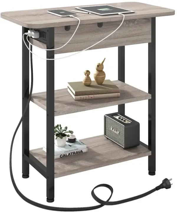 LIDYUK End Table with Charging Station, Flip Top Side Table with USB Ports and Outlets, Nightstand for Small Spaces, Bedside Tab