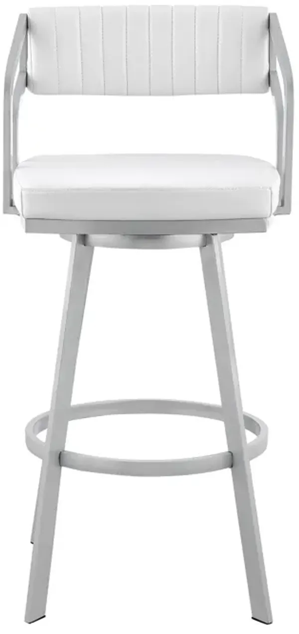 Blake 26 Inch Swivel Counter Stool, Open Back, Silver, White Faux Leather-Benzara