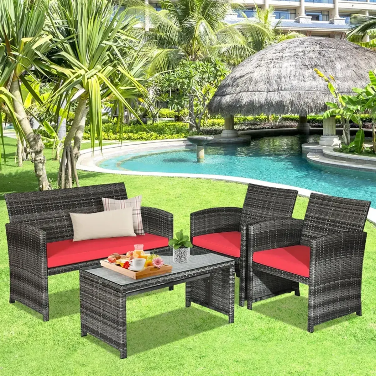 4 Pcs Patio Rattan Furniture Set Top Sofa With Glass Table