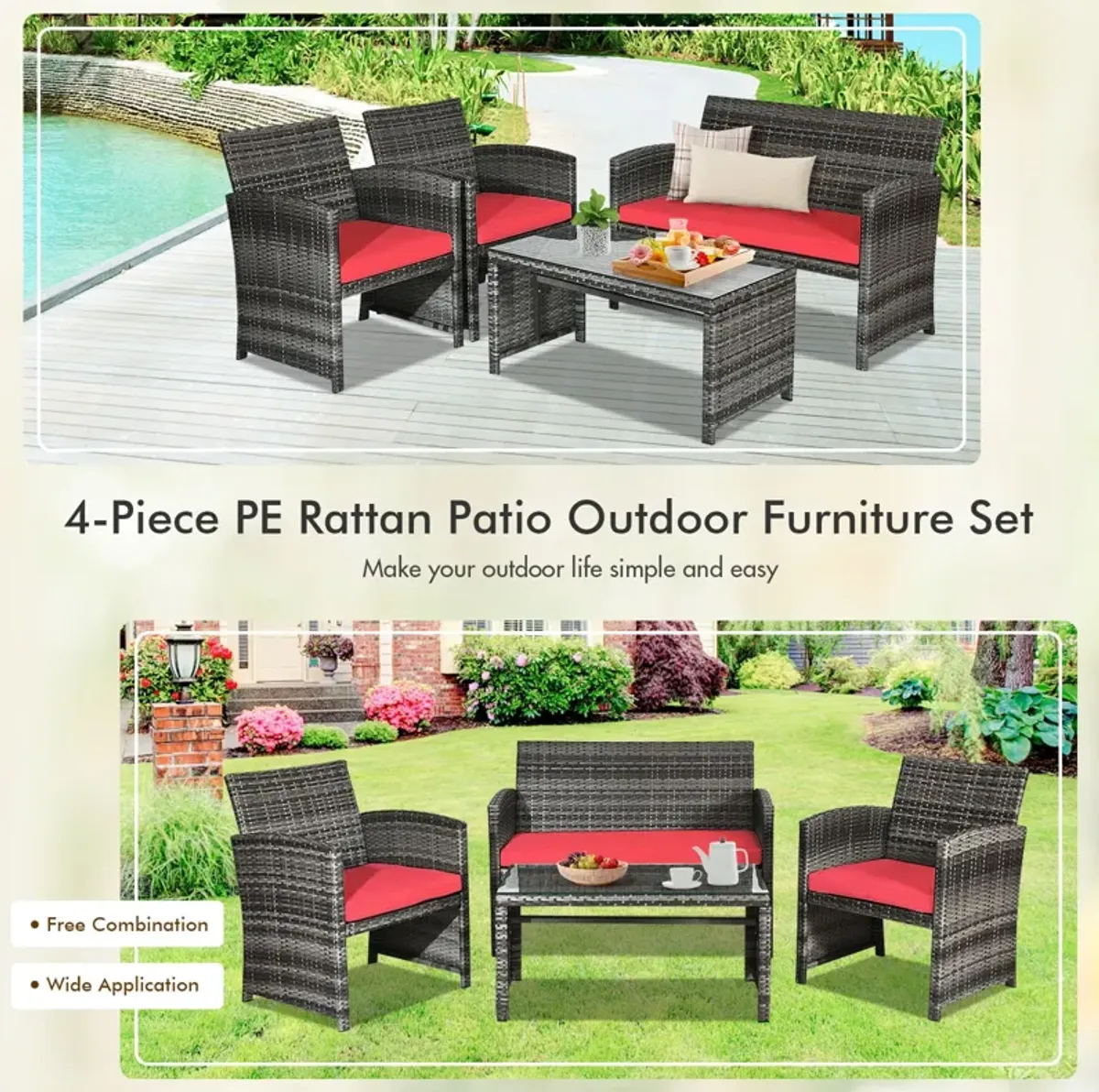 4 Pcs Patio Rattan Furniture Set Top Sofa With Glass Table