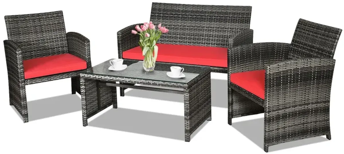 4 Pcs Patio Rattan Furniture Set Top Sofa With Glass Table