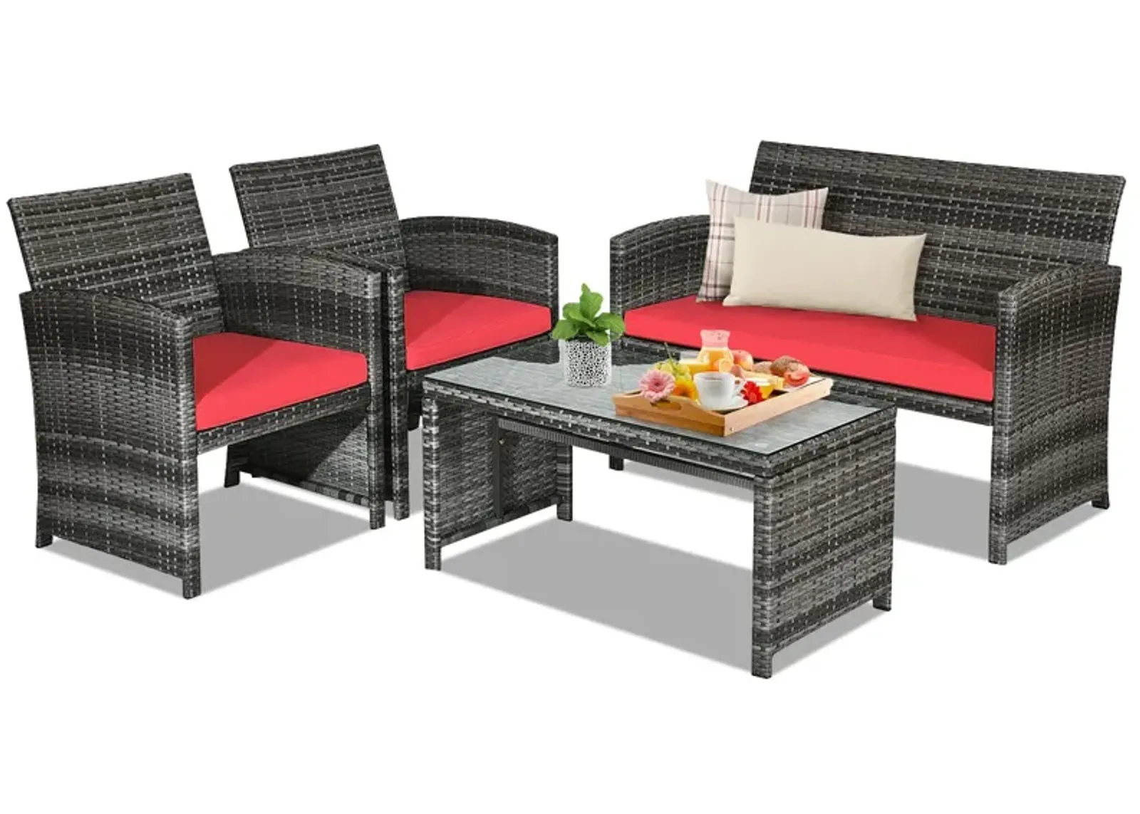 4 Pcs Patio Rattan Furniture Set Top Sofa With Glass Table