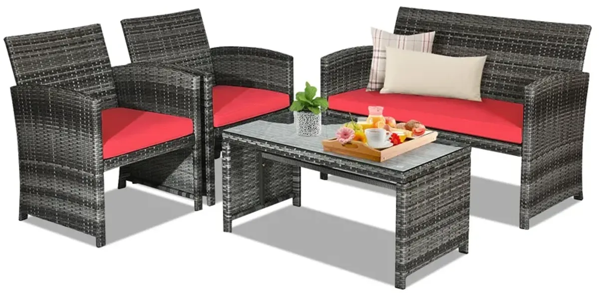 4 Pcs Patio Rattan Furniture Set Top Sofa With Glass Table