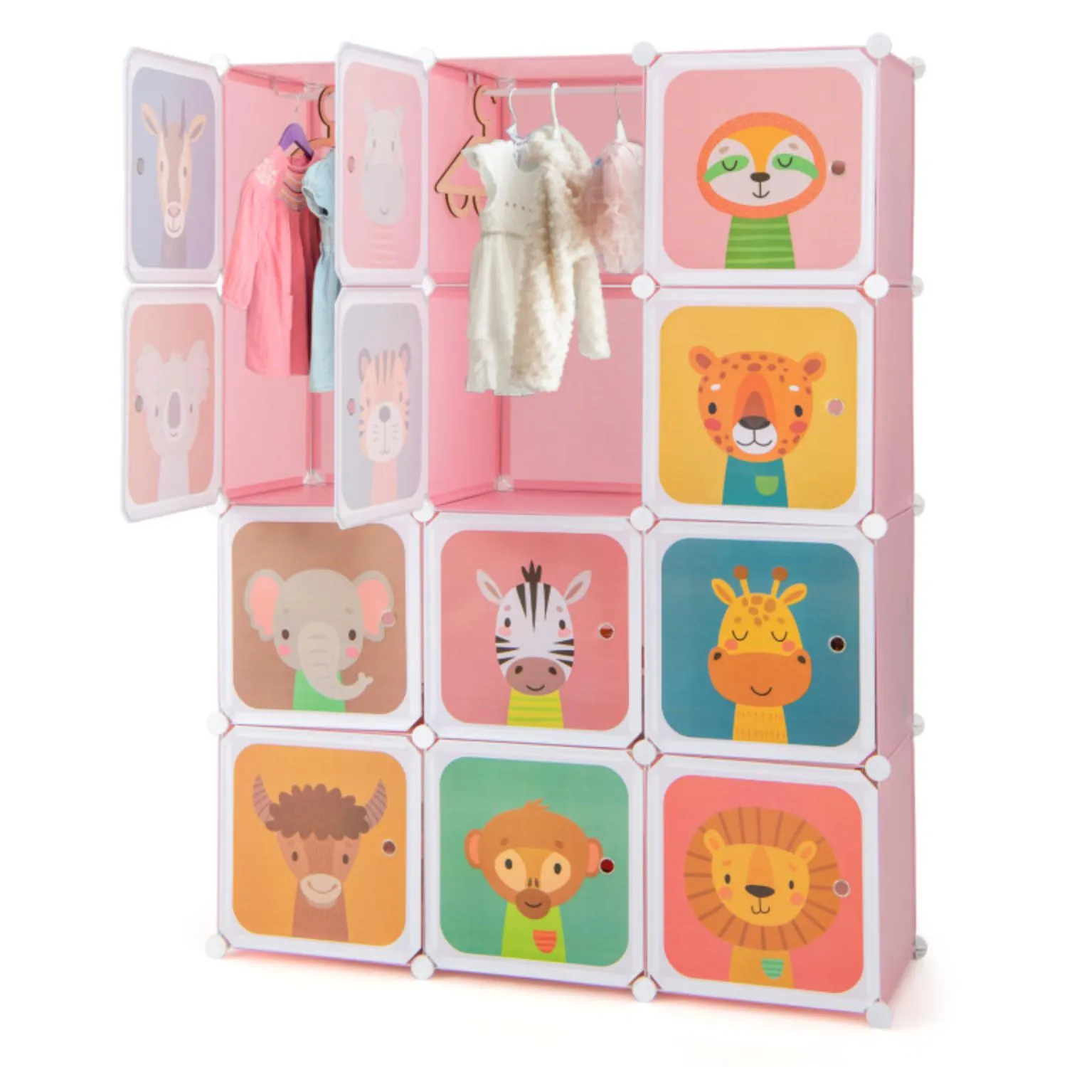 Hivvago 12 Cube Kids Wardrobe Closet with Hanging Section and Doors