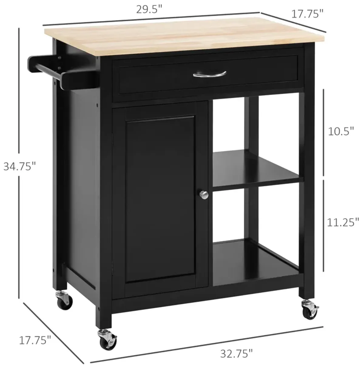 Black Kitchen Cart: Utility Trolley with Wood Top & Drawer