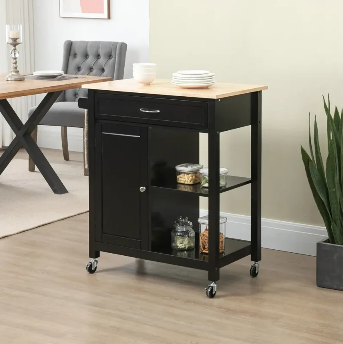 Black Kitchen Cart: Utility Trolley with Wood Top & Drawer