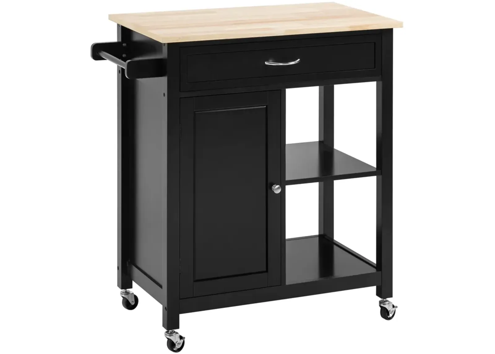 Black Kitchen Cart: Utility Trolley with Wood Top & Drawer