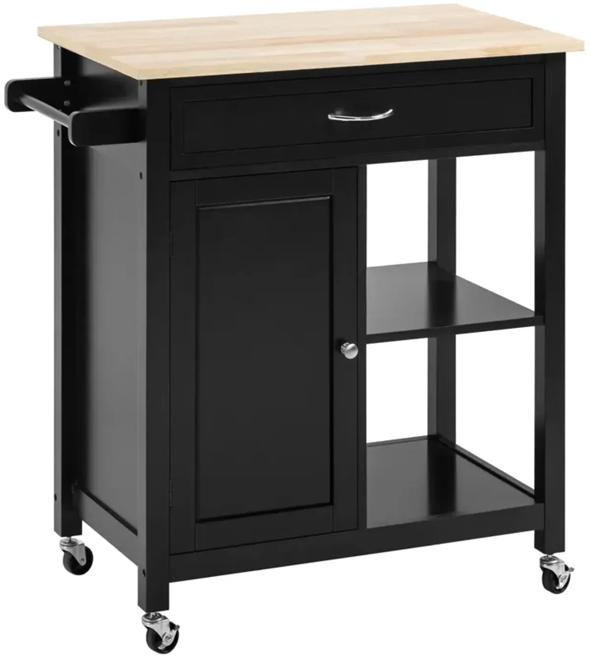 Black Kitchen Cart: Utility Trolley with Wood Top & Drawer