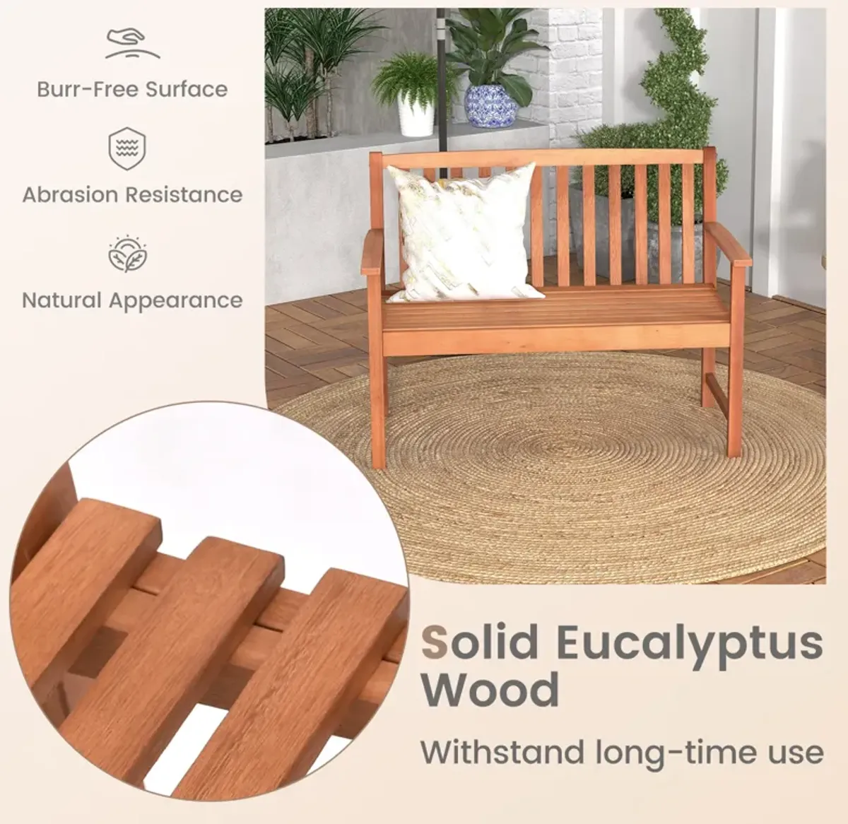 2-Seat Patio Wood Bench with Cozy Armrests and Backrest