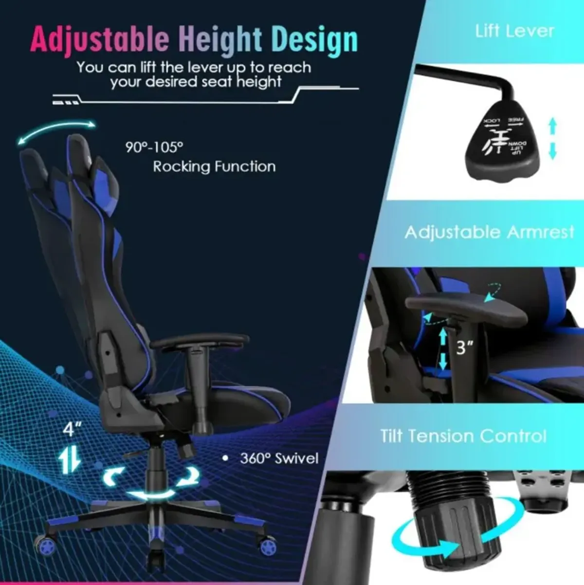 Hivvago Gaming Chair Adjustable Swivel Computer Chair with Dynamic LED Lights