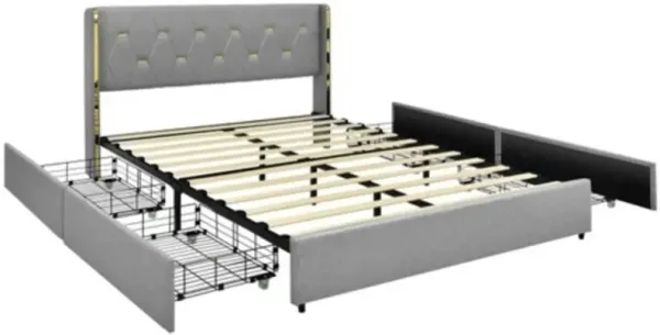 Linen Headboard Platform Bed with 4 Storage Drawers for Bedroom Organization