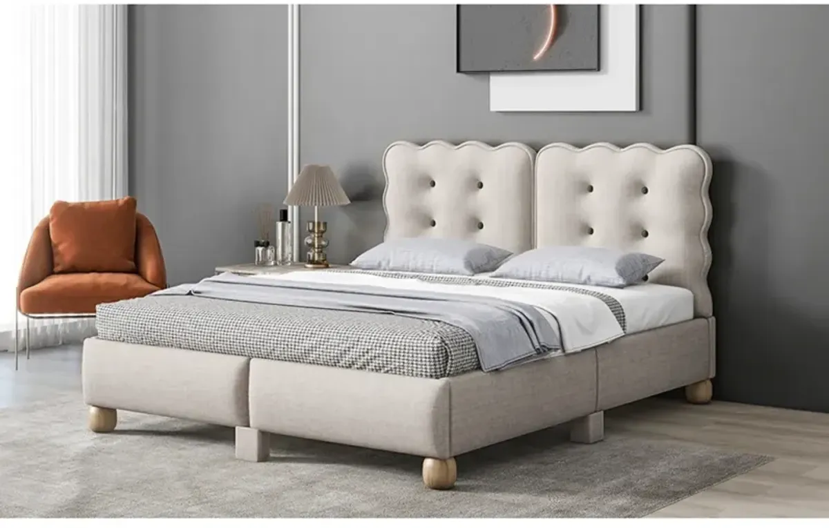 Full Size Upholstered Platform Bed with Support Legs, Beige