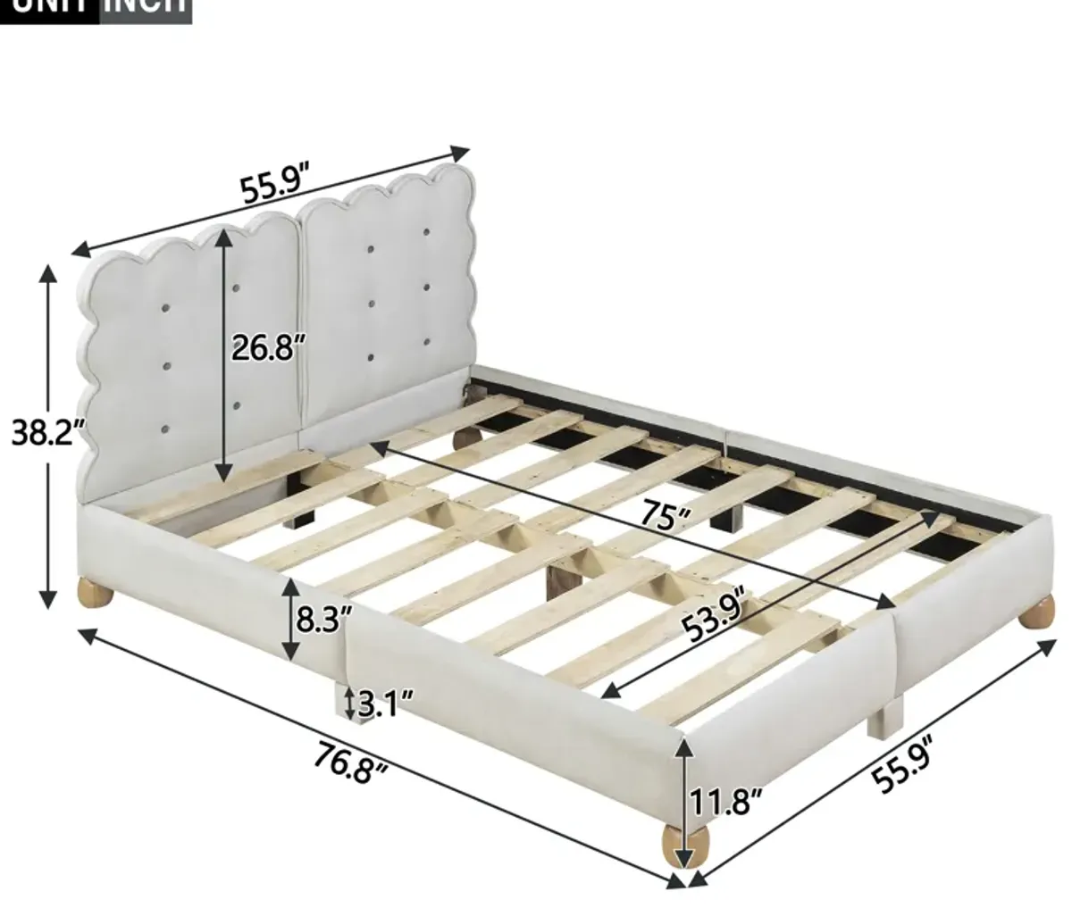 Full Size Upholstered Platform Bed with Support Legs, Beige