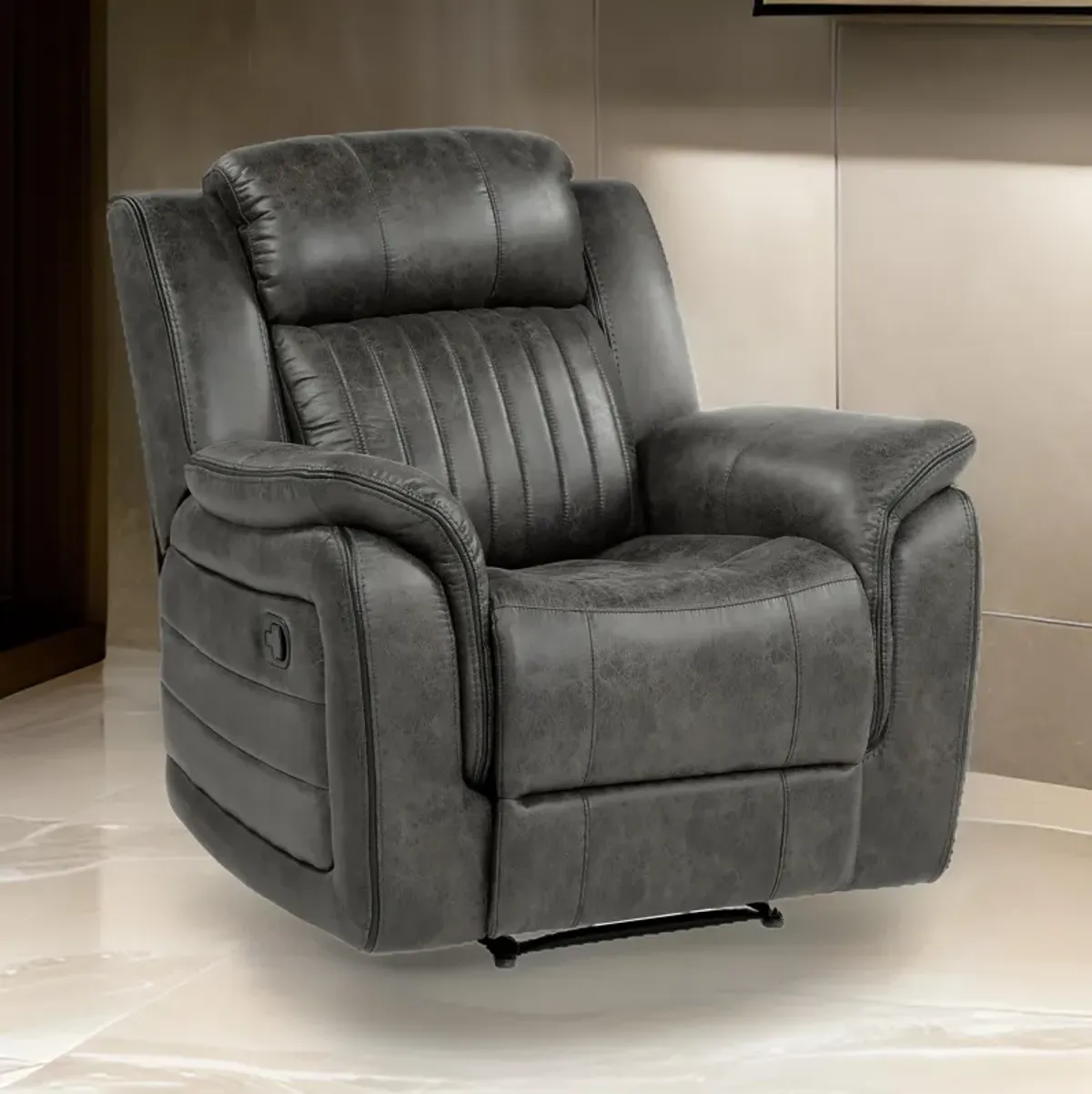 Bento 38 Inch Manual Recliner Chair, Tab Pull, Brownish Gray Microfiber - Benzara