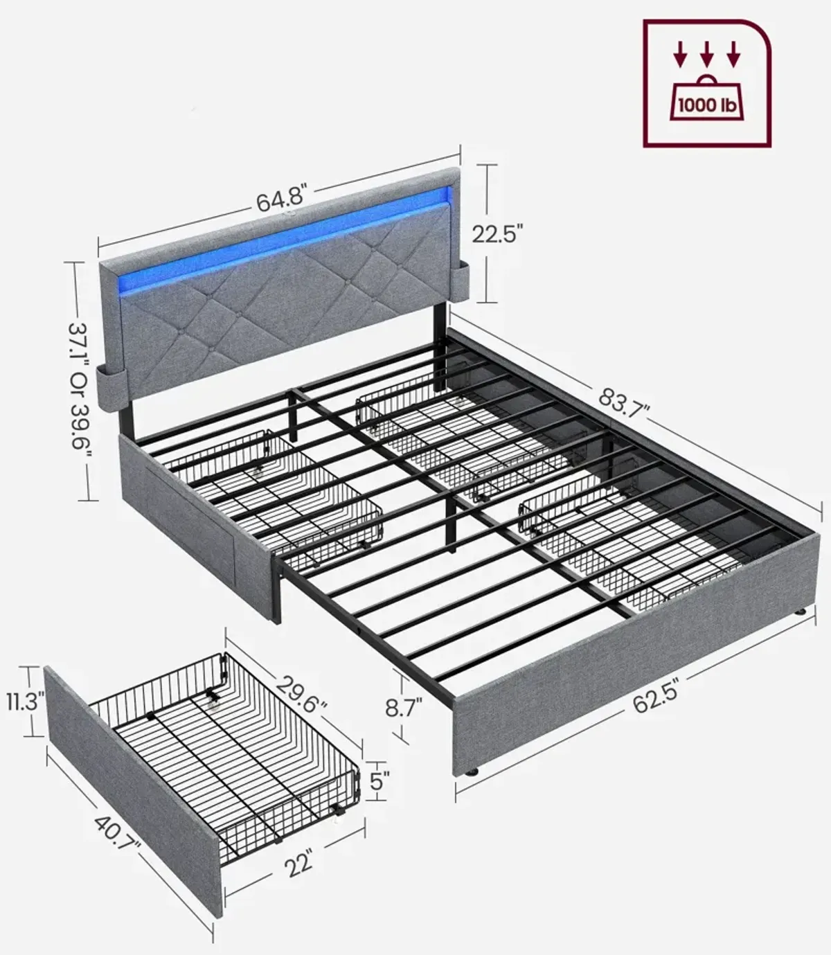 LED Bed Frame with Headboard – Features 4 Drawers, USB Port & Type-C Port