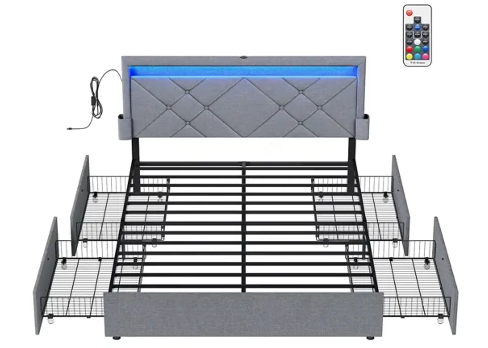 LED Bed Frame with Headboard – Features 4 Drawers, USB Port & Type-C Port