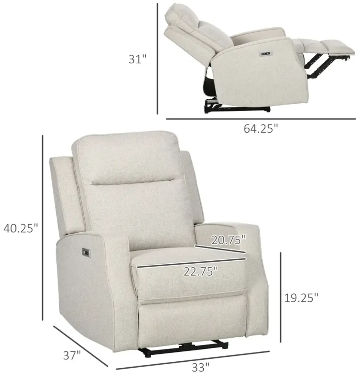 Cream White Lounger: Electric Power Recliner with USB Charging Station