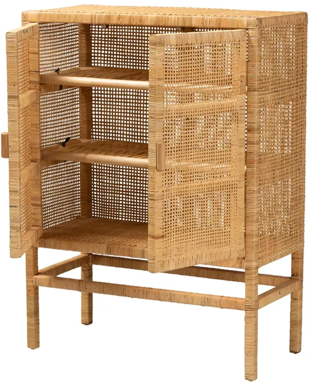 Bali & Pari Vivan Modern Natural Brown Rattan and Mahogany Wood 3-Shelf Storage Cabinet