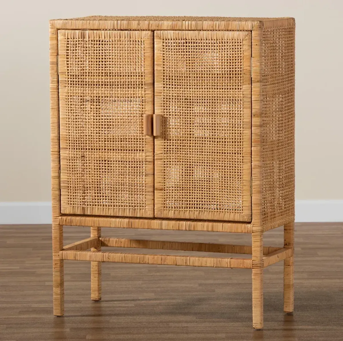 Bali & Pari Vivan Modern Natural Brown Rattan and Mahogany Wood 3-Shelf Storage Cabinet