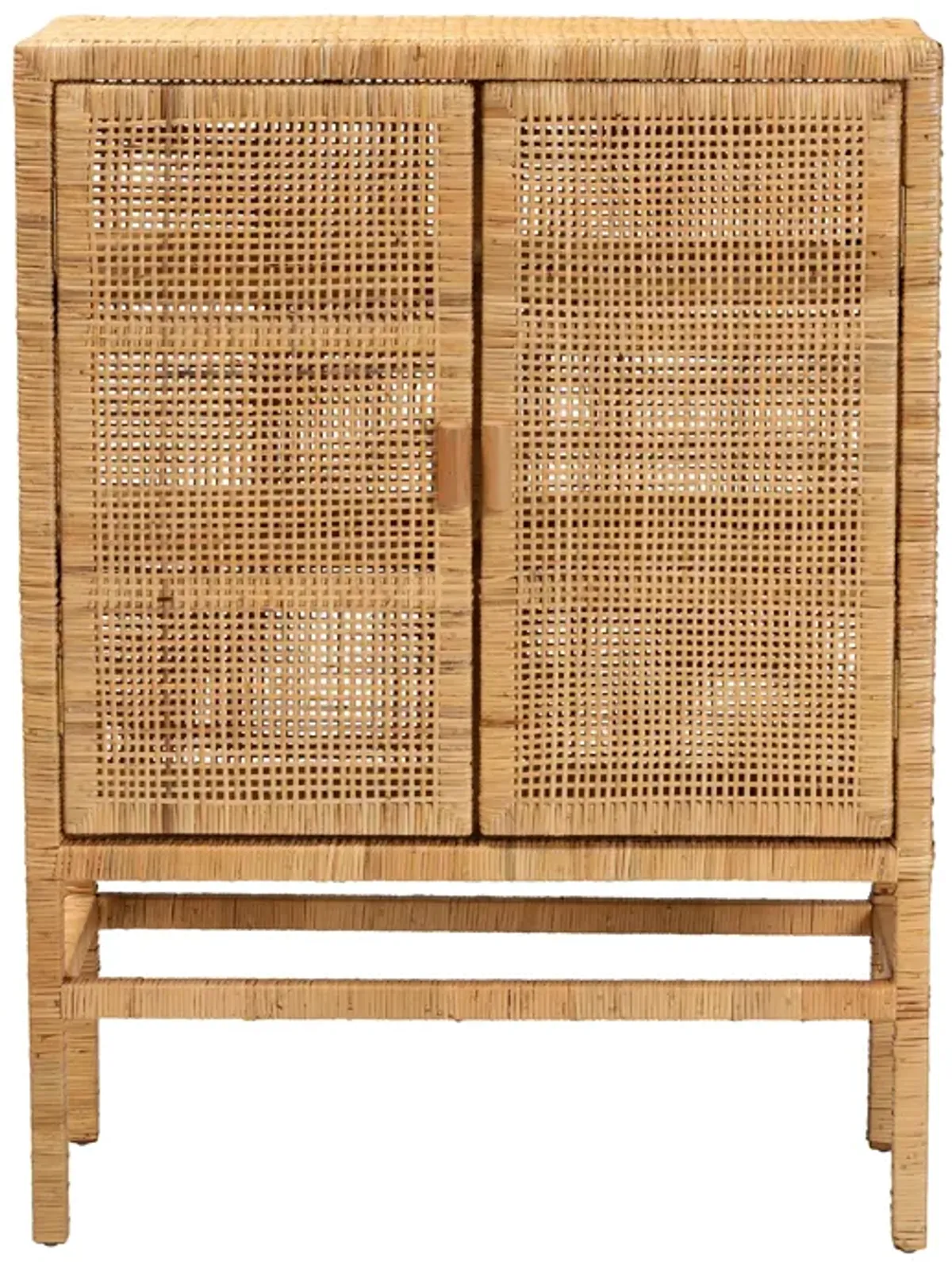 Bali & Pari Vivan Modern Natural Brown Rattan and Mahogany Wood 3-Shelf Storage Cabinet