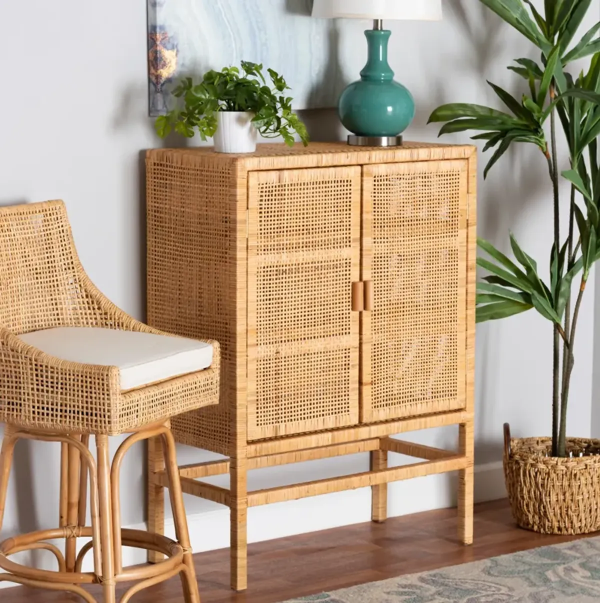 Bali & Pari Vivan Modern Natural Brown Rattan and Mahogany Wood 3-Shelf Storage Cabinet